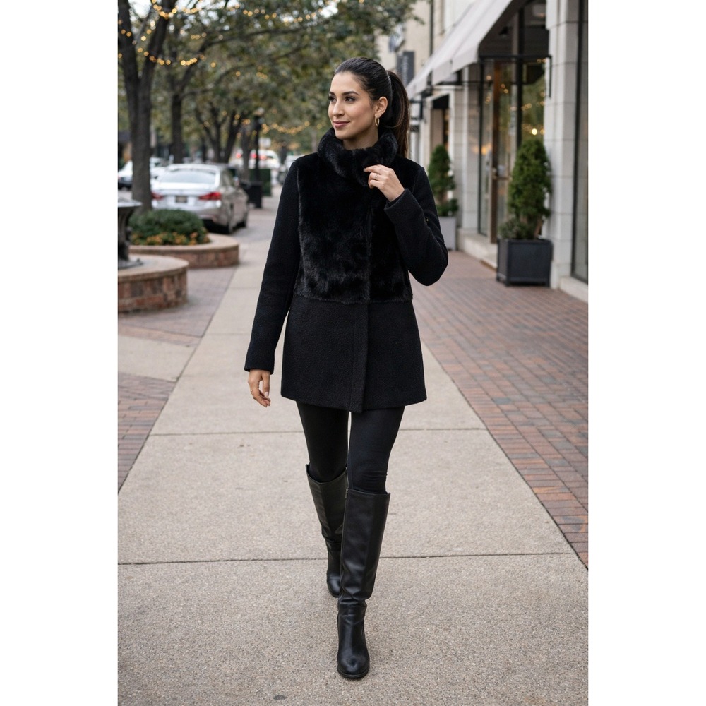 The Kooples Black Faux Fur & Knit Mock Neck Coat Women's Size S